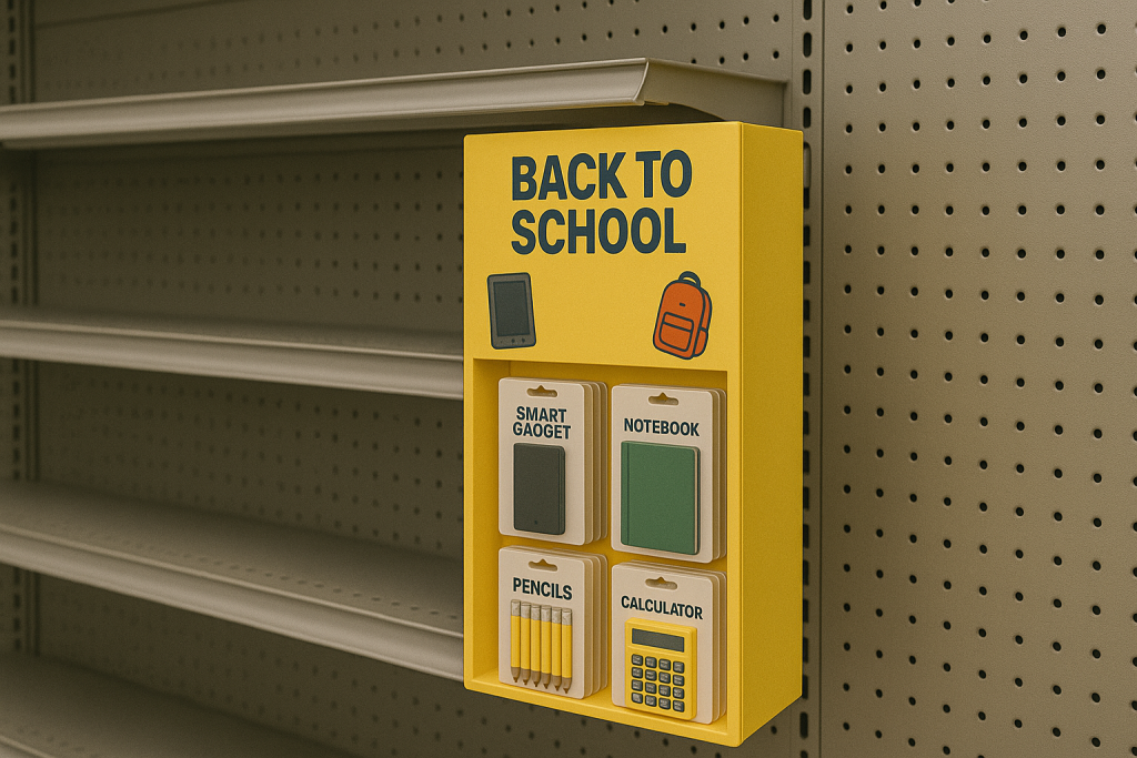Interactive merchandising setup for student-focused tech products in a retail store