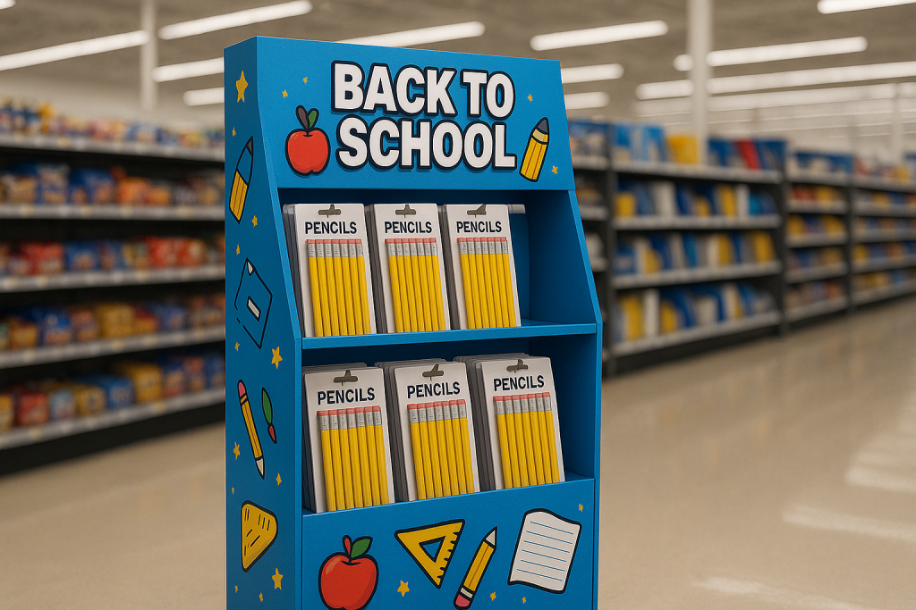 Back to school display in retail store with student supplies