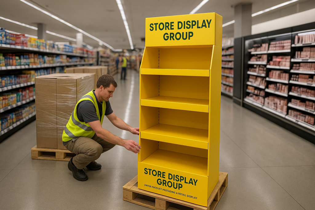 Retail display installation in store aisle after global shipment