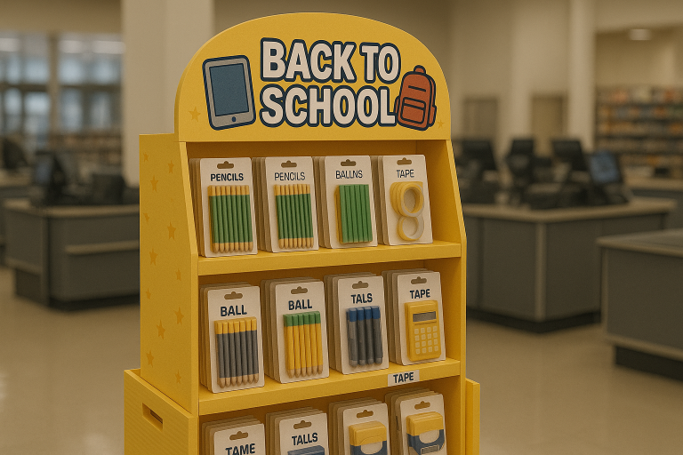 Back to school retail display showcasing smart gadgets and school supplies