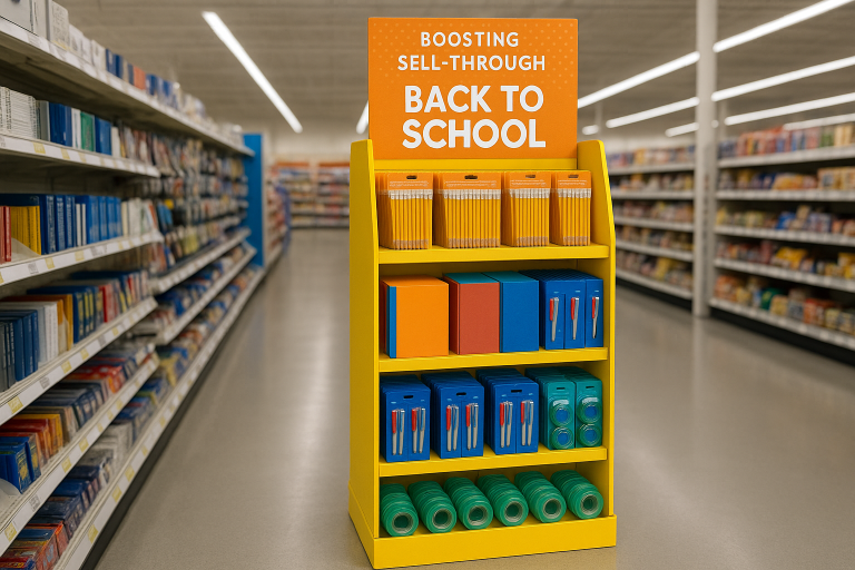 Retail display stand boosting sell-through in a store aisle