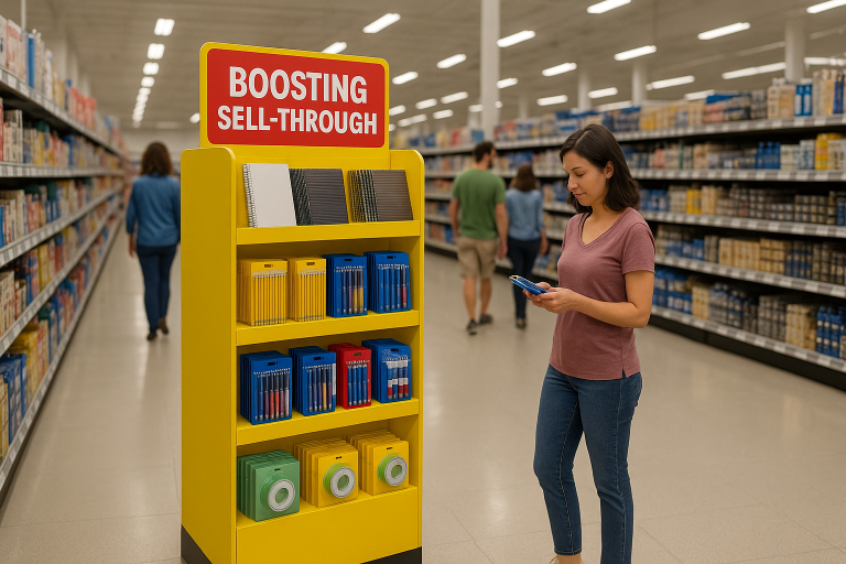 Retail display influencing shopper behavior in a busy store aisle