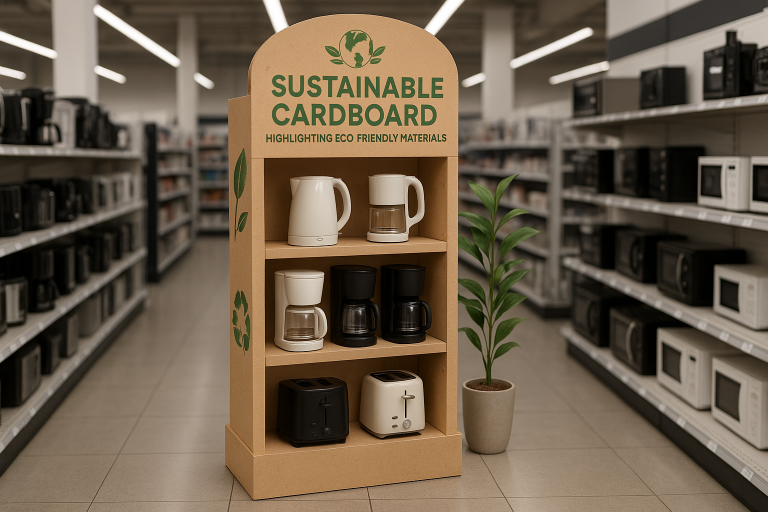 Sustainable cardboard retail display stand highlighting eco-friendly materials